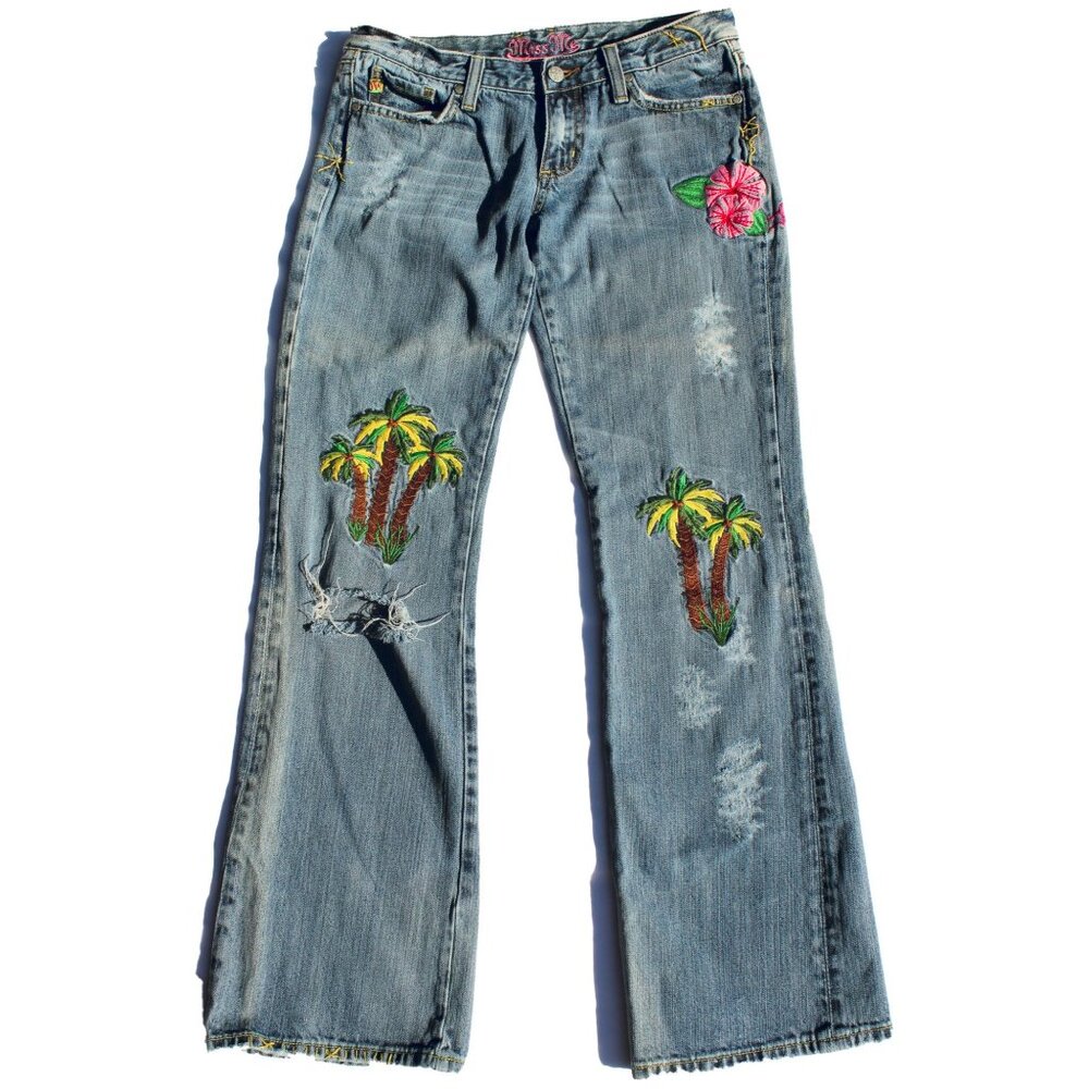 Y2K Miss Me Women's Embroidered Lowrise Flare Aloha Distressed Jeans